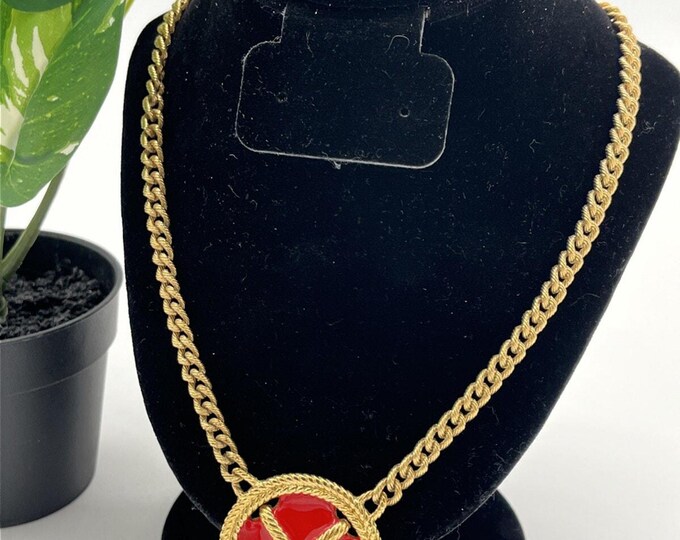 Napier Signed Chunky Gold Tone Red Enamel Cross Pendant Necklace 22" MCM