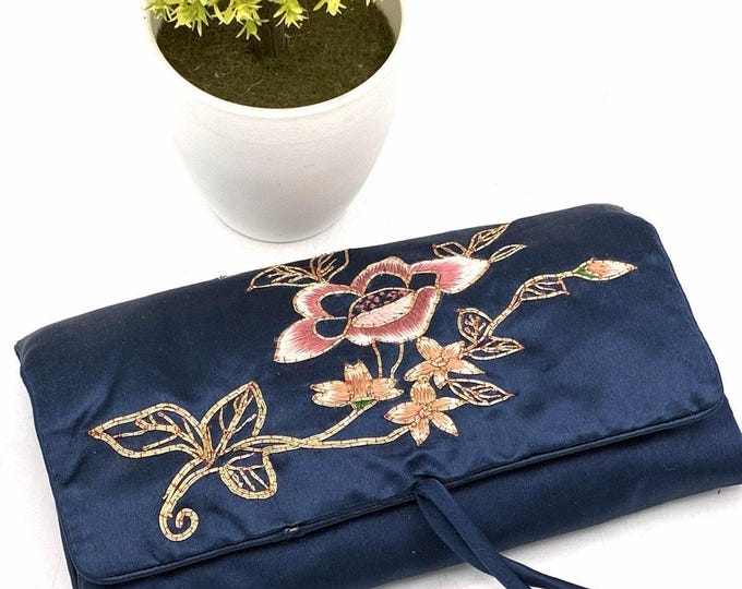 Vintage Navy Satin Embroidered Floral Jewelry Roll Travel Organizer Gold Thread