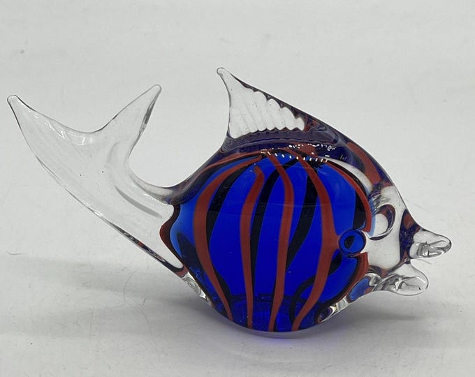 3"H X 5” Blue w/ Red Stripes Art Glass Zebra Fish Sculpture Figurine Paperweight