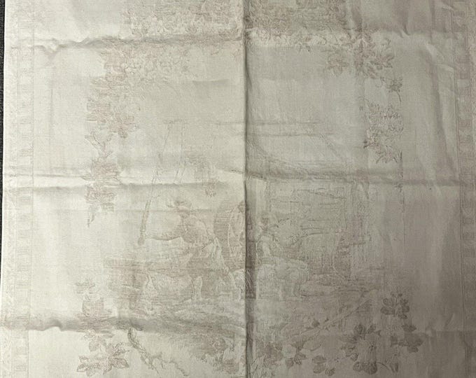 Antique Linen Damask Towel Pastoral Scene Woven Figural Farm Cart Floral Border