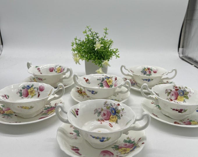 Set Of 12 Vtg Royal Brittania China Double Handled Floral Teacup/dessert Bowl
