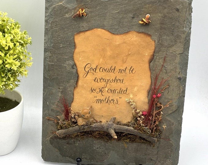 Vintage Slate Plaque God Created Mothers Quote Deer Dried Flowers Folk Art