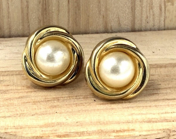 Vintage Faux Pearl Love Knot Swirl Stud Earrings Gold Tone Post Back
