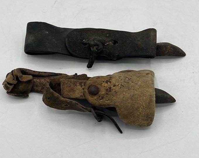 2 Antique Corn Husker Shucker Metal Hand Held Leather Handle Farm Tool Primitive