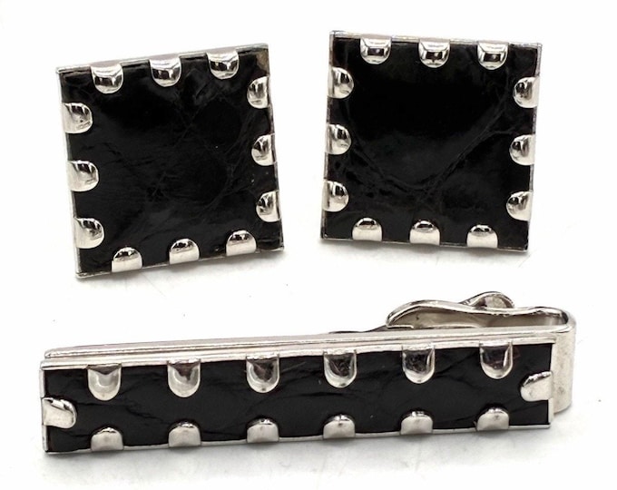 Vintage SWANK Cufflinks Tie Bar Set Black Silver Tone Geometric Mid Century