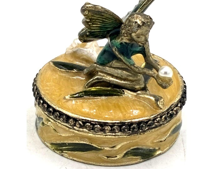Fairy Pixie Enamel Trinket Pill Box Gold Green Pearl Accents Magnetic 1.5”