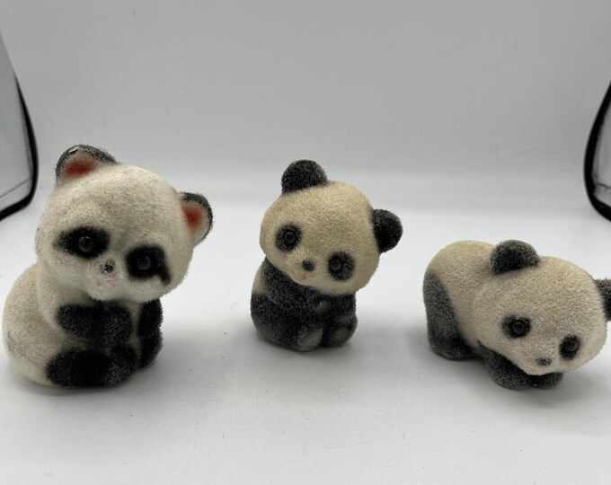 Vintage Josef Originals Panda Bear Flocked Figurine Set 3 Japan 1970s
