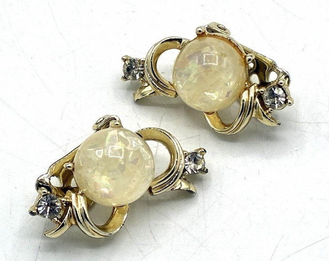 Vintage Coro Signed Gold Tone Moonstone Glow Cabochon Rhinestone Clip Earrings