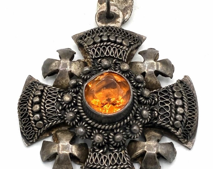 Vintage Jerusalem Cross Pendant, 900 Silver Filigree with Citrine-Tone Stone