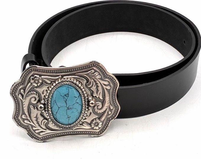 Western Belt Large Blue Stone Buckle Black Genuine Leather 32-36