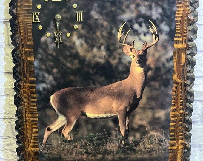 Vtg 1985 Wall Clock Mid Century Deer Buck Hunting Nature Cabin Wood 19x24 READ