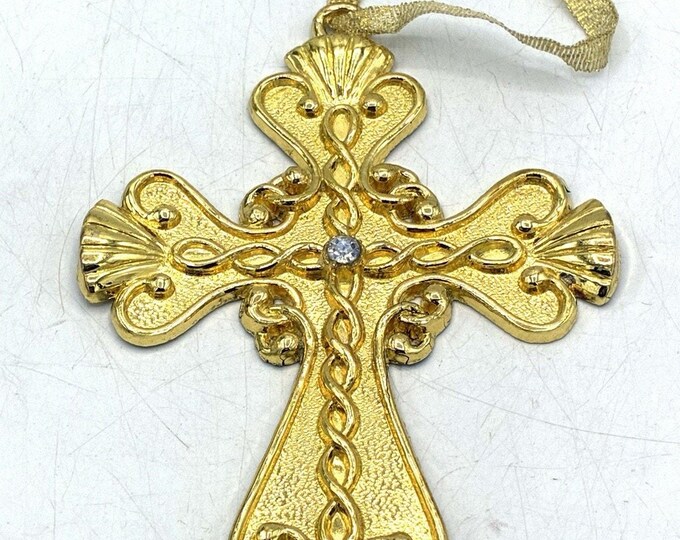 Gold Tone Filigree Cross Ornament – Rhinestone Center Textured Christmas Decor 5×3.5