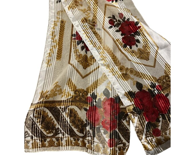 Vintage Ivory Red Rose Floral Scarf Gold Print Semi Sheer Oblong 10x52 Romantic Accessory