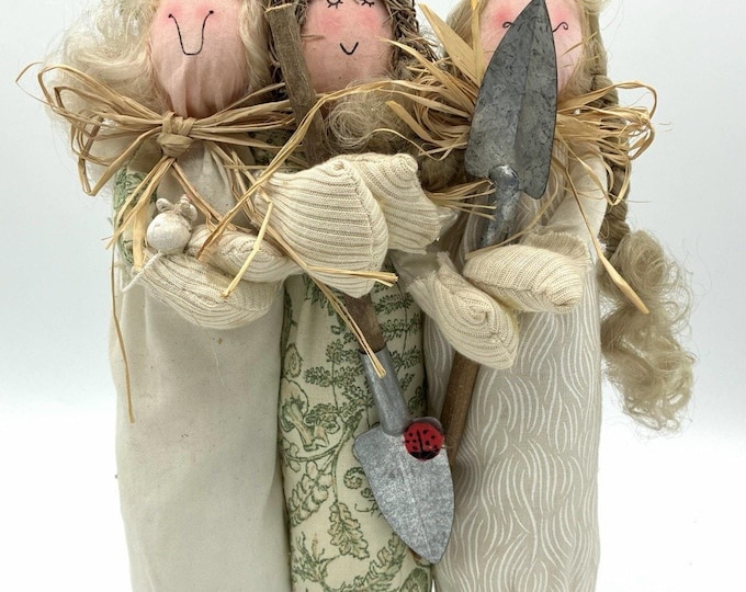 Vintage Folk Art Garden Ladies Figurine Trio Folk Art Gardener Decor 10”