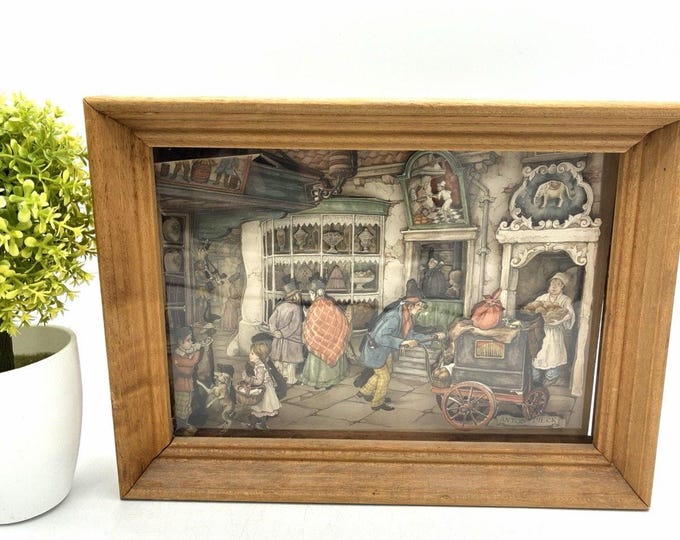 Vintage Anton Pieck 3D Paper Tole Market Street Scene Framed Art 10x7.5