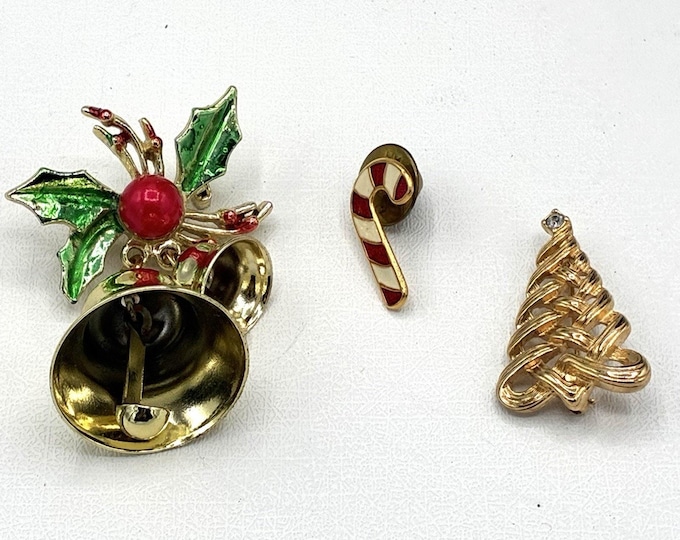 Christmas Brooch Lot of 3 Holly Bells Candy Cane Gold Tone Tree Holiday Pins