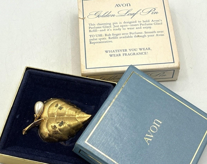Vintage 1969 Avon Golden Leaf Perfume Glace Brooch Pin Box Solid Perfume
