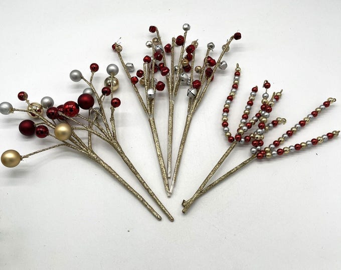 Lot Of 7 Red Gold Silver Christmas Picks Faux Flowers Holiday Decor Bells