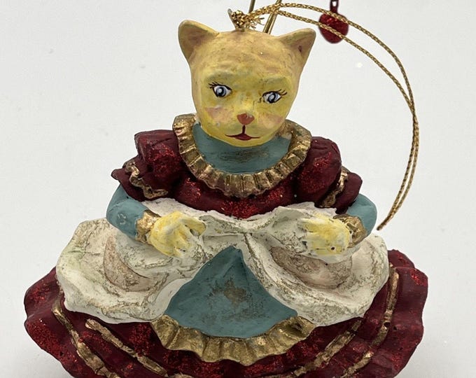 Vintage Anthropomorphic Cat Christmas Ornament Victorian Dress Resin Figurine