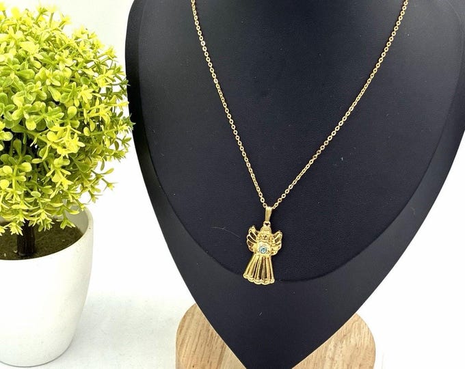 Avon Gold Tone Angel Pendant Necklace Blue Rhinestone 17 Inch Chain