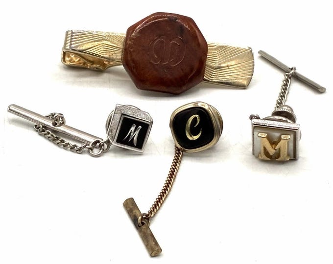 Vintage SWANK Monogram Tie Tack Pin Lot M C Initial Mens Jewelry Estate