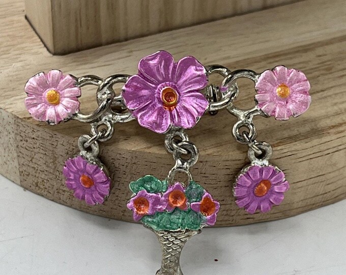 Silver Tone and Enamel Flower Pin Brooch with Dangling Charms, 1980s Spring