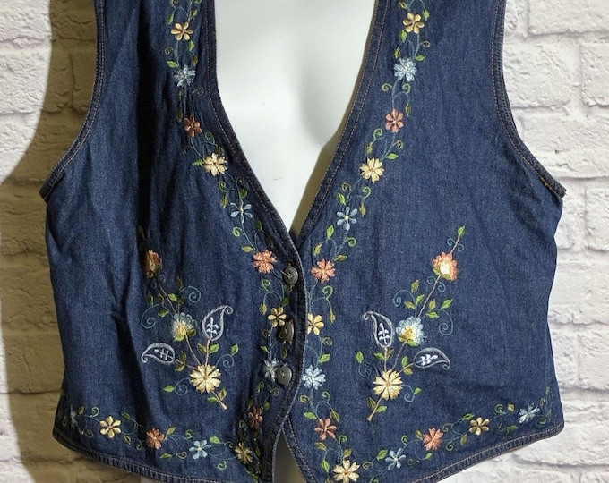 Resist Plus Womens 20 Embroidered Denim Vest Floral Boho Western Cottagecore