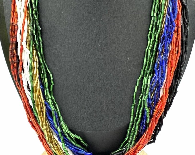 Vintage Multicolor Bugle Bead Necklace 20” Multi Strand Glass Statement