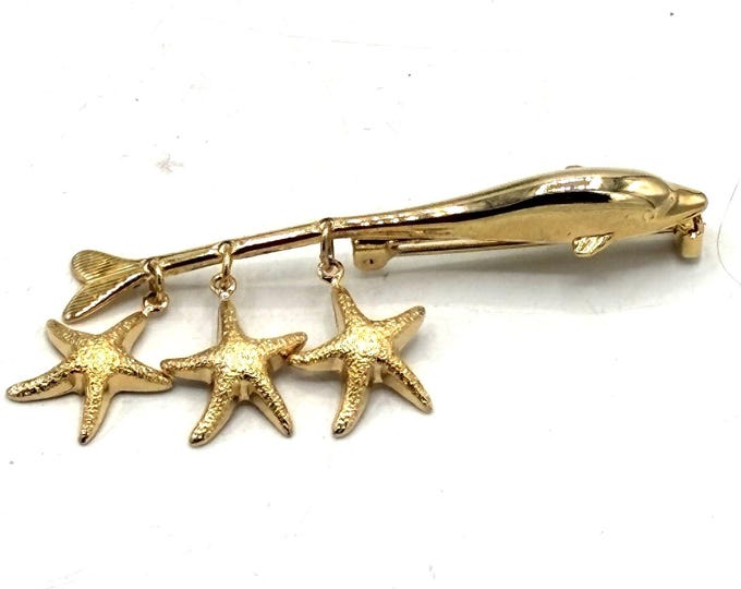 Vintage Gold Tone Dolphin Brooch Pin w/ 3 Dangle Starfish Ocean Beach Theme