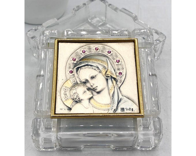 Vintage Sterling 925 Madonna & Child Icon Trinket Box Gemstone Halo