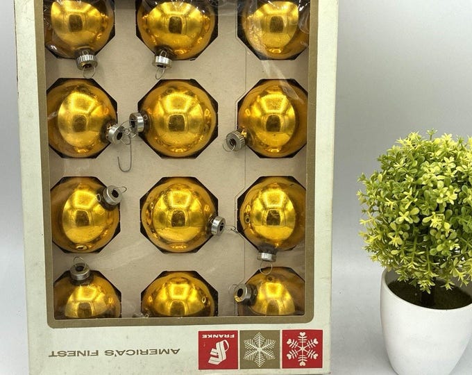 Vintage Franke Boxed Dozen Glass Christmas Ornaments, Gold