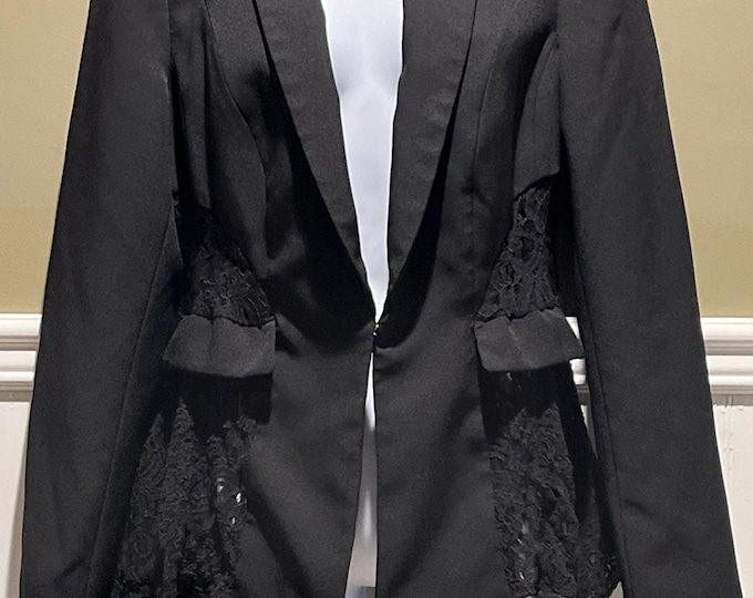 INC Black Structured Blazer with Sheer Lace Drape Back – Size Medium