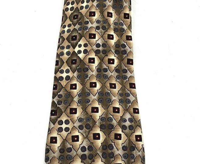 Vintage Perry Ellis Tie Geometric Gold Brown Gray Burgundy Mens Necktie