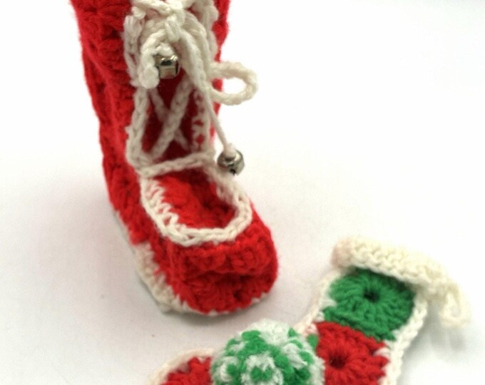 Handmade Crochet Christmas Ornaments Set 2 Red Boot Bell Stocking Granny Cottage