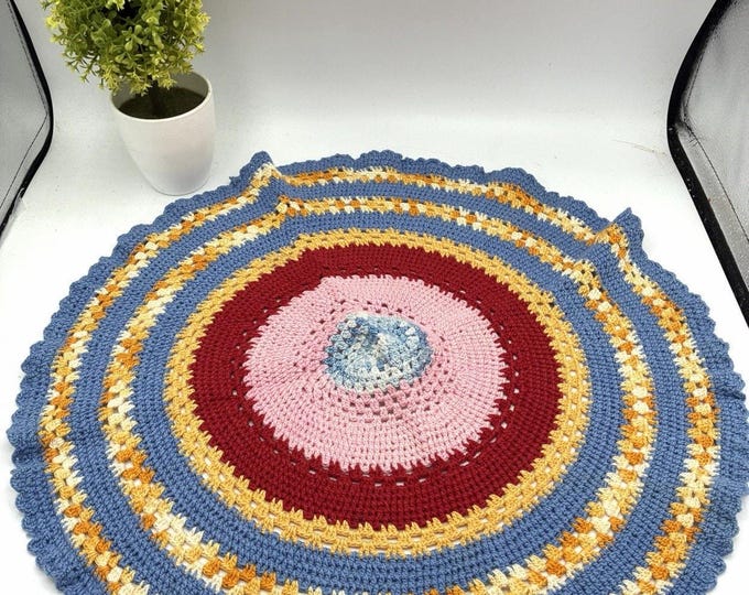 Vintage 16” Hand Crochet Round Doily Blue Pink Red Yellow Colorful Table Mat