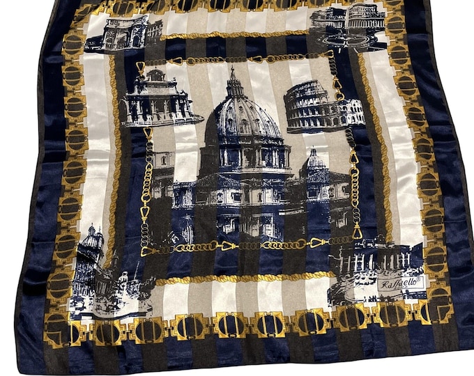 Raffaello Roma Vintage Blue Gold Rome Buildings Oversized Square Scarf 39x39