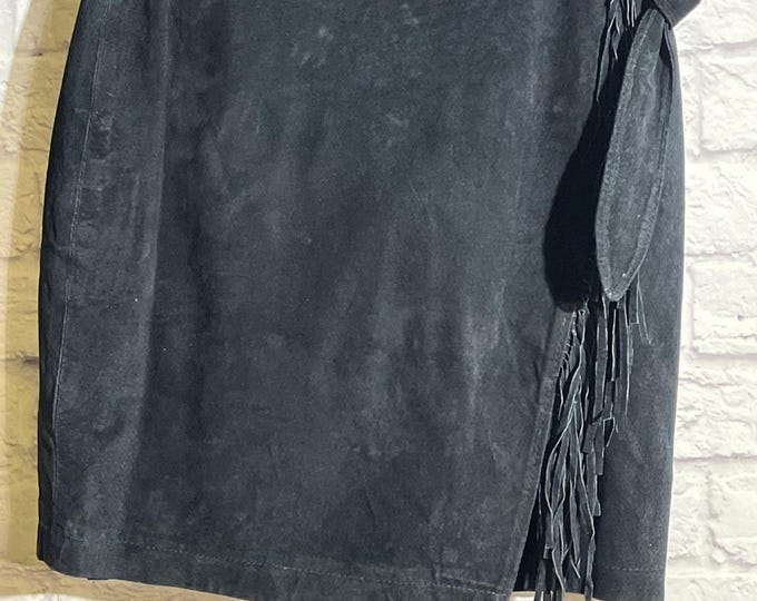 Vtg Desperado Black Suede Leather Fringe Western Mini Wrap Skirt Medium Cowgirl