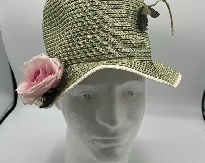 Vintage Green Ivory Straw Bucket Hat by Emme Boutique W Flower Leaf Accent Retro
