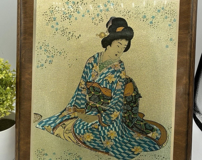Vintage Bar-Gen Japanese Geisha Art Plaque Handcrafted Lacquered Gold 12x10.5