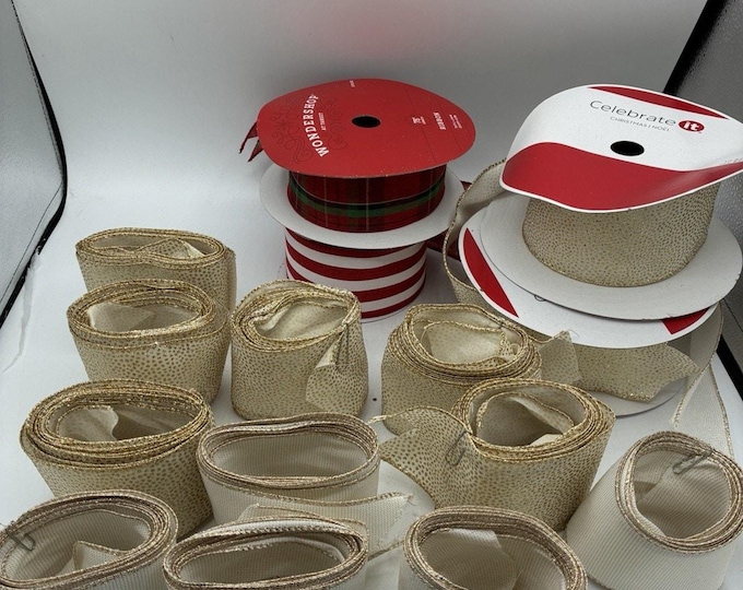 Wired Christmas Ribbon Lot Partial Roll Gold Dot Cream Plaid Stripe Celebrate It