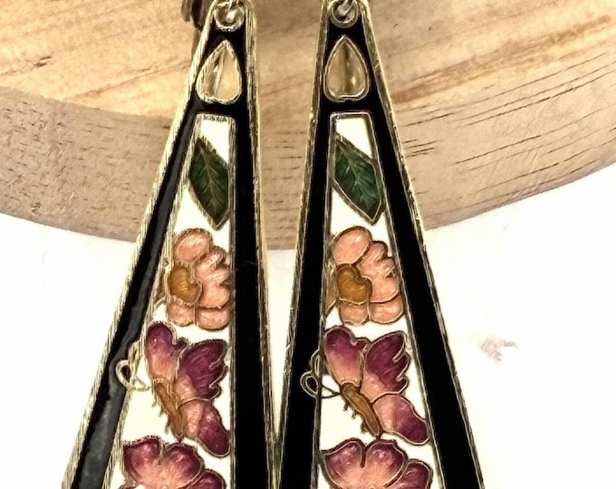 Vintage Cloisonne Enamel Teardrop Dangle Earrings Black Cream Floral Clip On