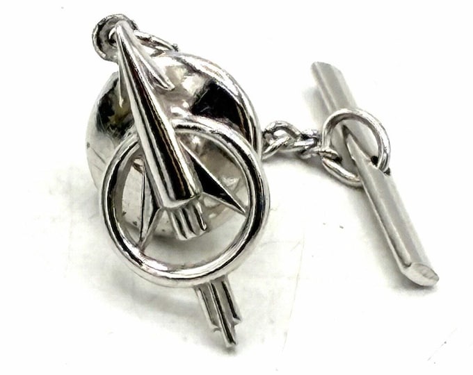 Vintage Space Age Rocket Ship Tie Tack Silver Tone Atomic Mens Jewelry