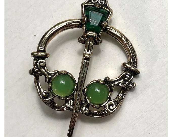 Vintage Gold Tone Celtic Penannular Ring Brooch Green Cabochons