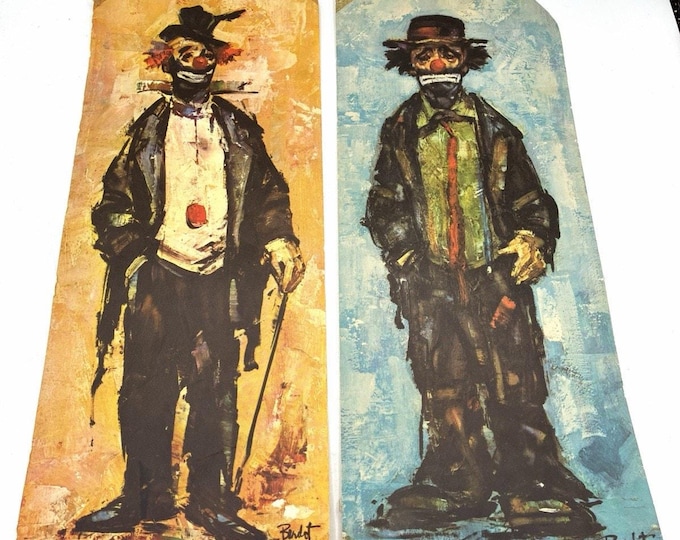 Vintage Bardot Clown Lithograph Prints Pair 6x15 Mid Century Wall Art USA