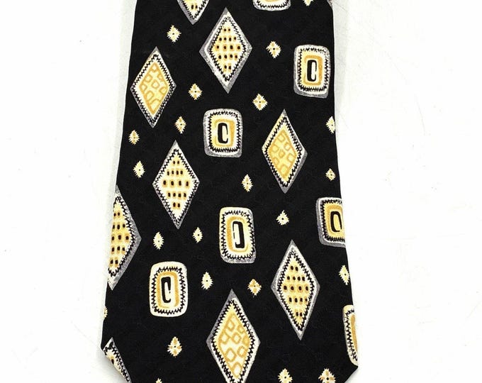 Vintage Daniel de Fasson Handmade Silk Tie Black Gold Geometric Necktie