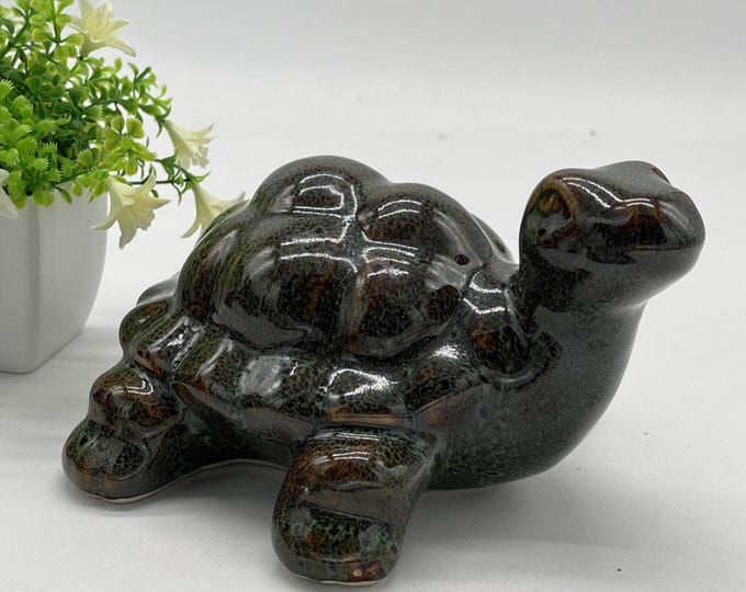 Vintage Russ Home Ceramic Tortoise Figurine Brown Drip Glaze Turtle Decor