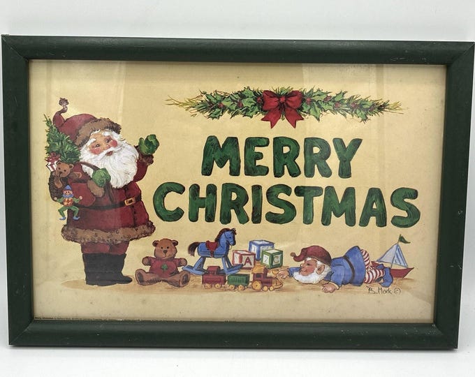 Vintage 1995 Barbara Mock Merry Christmas Santa Framed Holiday Print 14x10