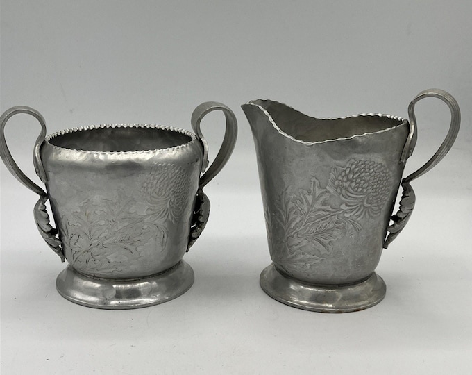 Rodney Kent Hammered Metal Crysanthanam Sugar Bowl & Creamer 1950s MCM