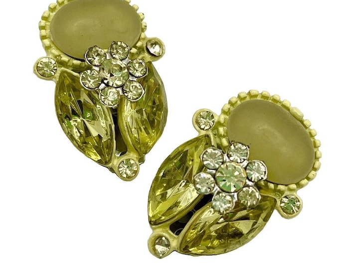 Vintage Yellow Rhinestone Clip On Earrings MCM Cabochon Marquise Flower