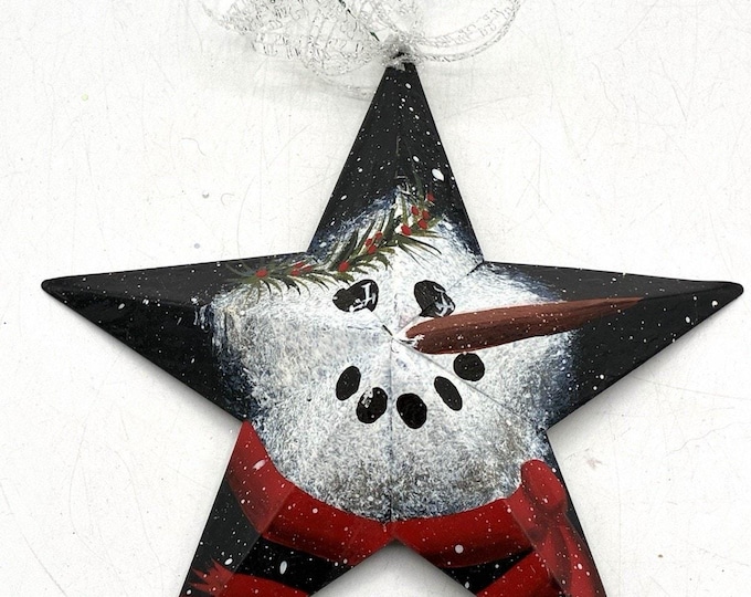Vintage Hand Painted Rusted Metal Star Snowman Ornament Primitive 5 Inch